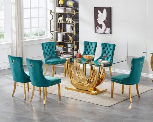 Miniatura 33 de Mesa de comedor moderna de vidrio de 70 pulgadas para 6-8, mesa de comedor de cristal dorado de lujo con base de acero inoxidable en forma de flores