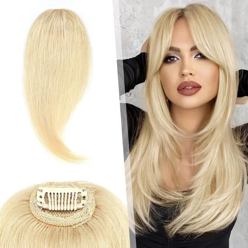 Miniatura 11 de Hairro Extensiones de flequillo lateral ondulado con clip, 100% cabello humano, 2 piezas con clip en la parte media, flequillo francés, lados