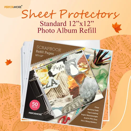 Miniatura 2 de Performore Paquete de 50 páginas de repuesto para álbumes de recortes, protectores de hojas transparentes de 12.25 x 12.25 pulgadas para carpetas