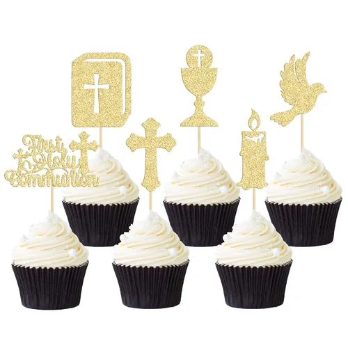 Miniatura 9 de Gyufise 25 adornos para magdalenas de la primera comunión con purpurina para la primera comunión, decoración para tartas de la primera comunión
