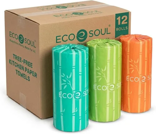Eco Soul Juego de 12 rollos de toallas de papel de bambú | 150 hojas por rollo | Toalla de papel de cocina ultra absorbente, ecológica, sostenible,
