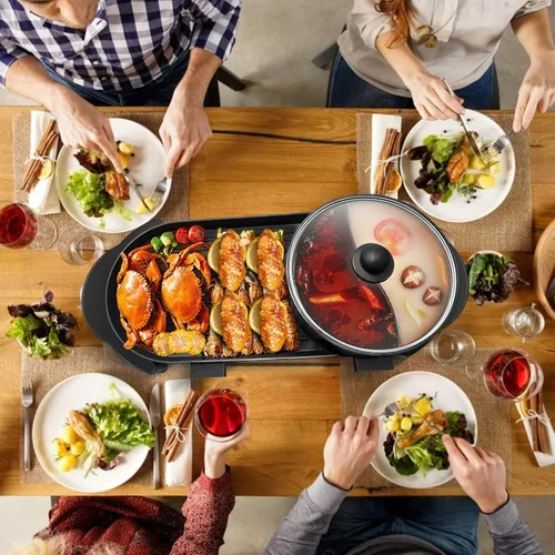 Miniatura 2 de Parrilla eléctrica de 2200 W con olla caliente, barbacoa multifuncional para interiores y Shabu Shabu, doble temperatura contral de 3.6 litros