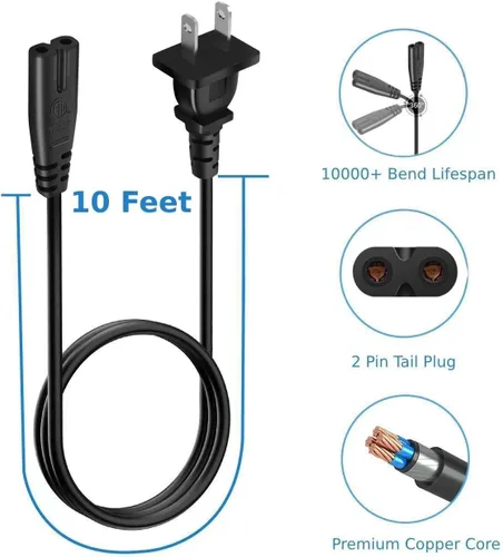 Miniatura 2 de Cable de alimentación de TV de 10 pies de largo de repuesto para Samsung LG TCL Sony Hisense Apple (listado UL, no polarizado, 125 V - 18 AWG)