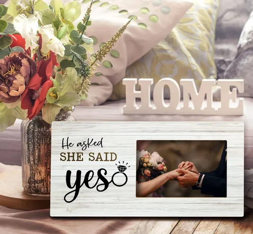 Miniatura 2 de SRADMO Marco de fotos con texto en inglés «He Asked and She Said Yes», regalos románticos, marco de fotos de madera de 12 x 6 pulgadas para parejas
