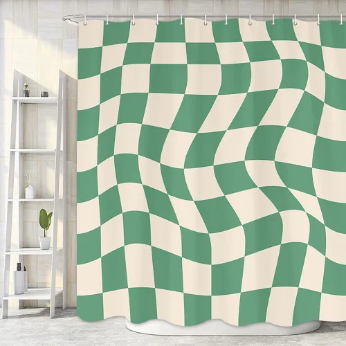 Cortina de ducha bohemia verde salvia, moderno retro Trippy Groovy ondulado remolino a cuadros, accesorios estéticos minimalistas de baño beige para