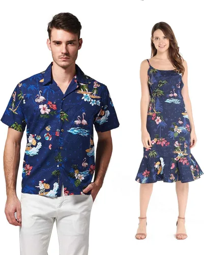 Camisa de crucero hawaiano a juego para parejas, vestido de sirena, Papá Noel en color rojo hawaiano