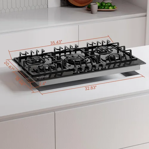 Miniatura 6 de Empava Estufas de gas empotradas de vidrio templado de 36 pulgadas, 5 quemadores Sabaf importados de Italia, superficies de cocina, 36 pulgadas