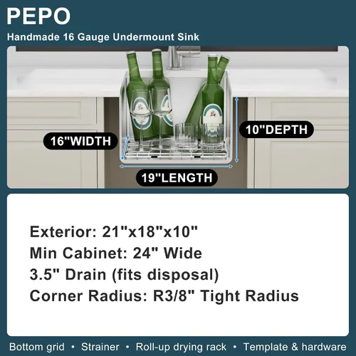Miniatura 2 de Fregadero de Bar - PEPO Fregadero de Cocina Bajo Encimera de 21 x 18 Pulgadas, Fregadero de Cocina Pequeño de Una Sola Cubeta de Acero Inoxidable
