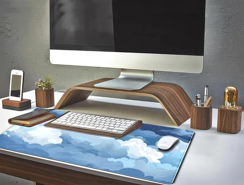 Miniatura 6 de Almohadilla de escritorio estética de nubes hinchables azules y blancas XXL, gran alfombrilla de ratón azul Kawaii extendida para juegos con bordes