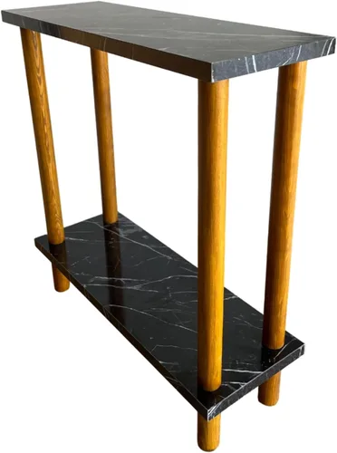 Miniatura 5 de Narrow Small Places - Mesa auxiliar moderna de mármol sintético para sofá sala de estar, mesa auxiliar minimalista delgada de 2 niveles con estante