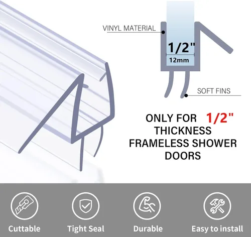 Miniatura 3 de Sello inferior de puerta de ducha con barrido, paquete de 2, tiras transparentes de PVC de 39 pulgadas de longitud para puerta de vidrio sin marco