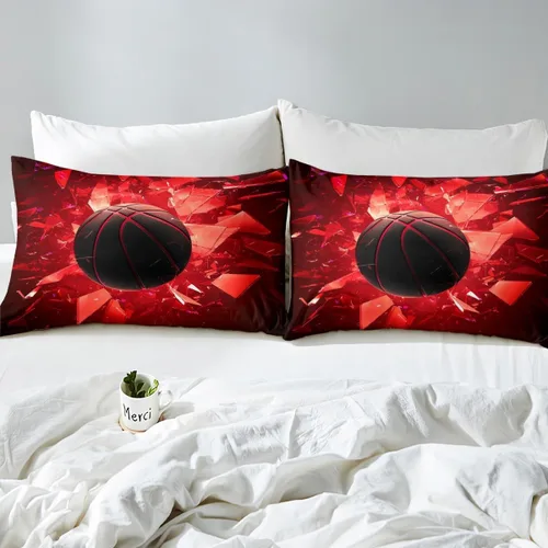 Miniatura 5 de Erosebridal Juego de funda de edredón de baloncesto, tamaño individual, color negro y rojo, juego de ropa de cama con bola 3D para niños, niños