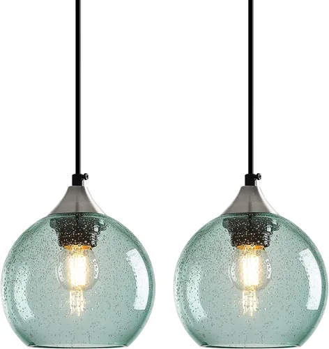 Miniatura 30 de Luces colgantes de cristal verde claro, iluminación de isla de cocina, luminarias de luz colgante de globo, iluminación colgante moderna