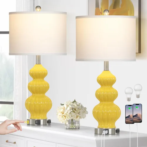 Rinweey Juego de 2 lámparas de mesa de cerámica de triple calabaza, modernas lámparas de noche amarillas con puertos USB A+C y salida de CA, control