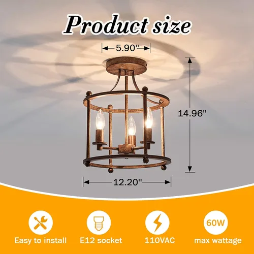 Miniatura 2 de UOFUS - Lámpara de techo de 3 luces estilo granja vintage, semiempotrada, en bronce rústico metálico, para isla, sala de estar, dormitorio, cocina
