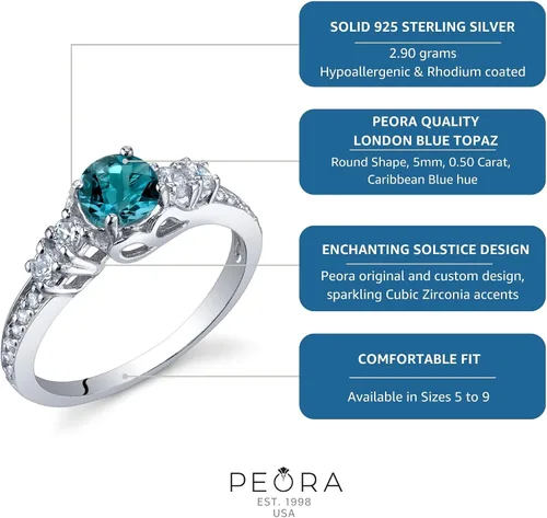 Miniatura 5 de Peora Anillo de topacio azul Londres de plata de ley 925, forma redonda de 0,50 quilates, piedra natal de diciembre, solsticio encantador, tallas 5
