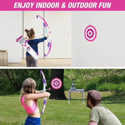 Miniatura 7 de HYES Arco y flecha para niños, juego de tiro con arco con luz LED con 12 flechas de ventosa, 1 objetivo para colgar, 3 objetivos de puntuación y 1