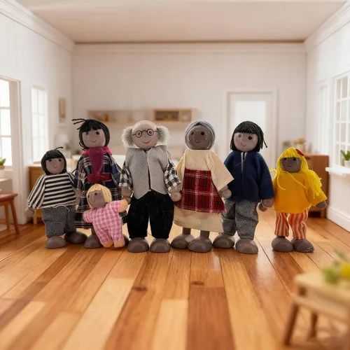 Miniatura 2 de HYSTYLE Paquete de 7 Figuras de Madera para Casa de Muñecas Familia Muñecos Familiares Figuras de Juego de Simulación, Juego de Rol Familiar Juego