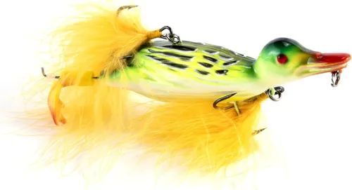 Miniatura 12 de Dr.Fish Topwater - Señuelo de pesca de pato de 4.1 pulgadas, realista, 3D, anzuelos de plumas de cebo duro flotantes, cebo artificial, lucio, lucio