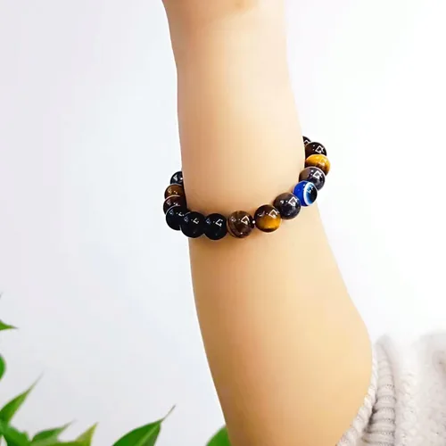Miniatura 8 de Pulseras de triple protección con piedra de ojo de tigre de obsidiana negra con hematita para hombres y mujeres, pulsera de piedra curativa