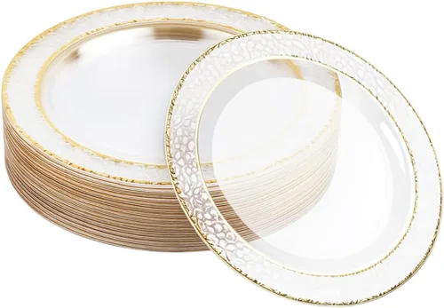 MATANA 20 Platos de Fiesta Reutilizables de Plástico Transparente de 10 Pulgadas con Borde Dorado Martillado - Platos de Cena Resistentes de Primera