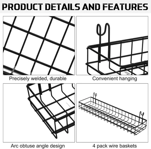Miniatura 3 de Blulu 4 cestas de pared de rejilla de metal de 15.75 x 3.94 x 1.97 pulgadas con ganchos, estantes de pared, cesta de alambre colgante, organizador