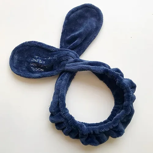 Diadema de spa para lavar la cara, color azul marino, banda elástica para el cabello, diadema de maquillaje de conejo, suave forro polar coral para