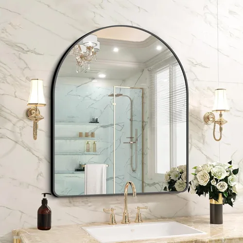 Miniatura 18 de FORBATH Espejo de baño arqueado de 16 x 24 pulgadas, espejo de baño negro montado en la pared, moderno marco de aleación de aluminio, espejo de arco