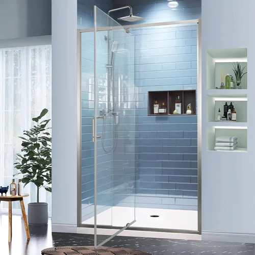 Miniatura 30 de GroGro 56-60" W x 71" H Mampara de ducha giratoria de vidrio semisin marco, vidrio templado transparente de 1/4" (6mm) SGCC, acabado cromo, Cromado