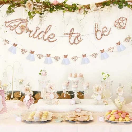 Miniatura 5 de pinkblume Cartel de oro rosa con la frase "Bride To Be", papel con purpurina de doble cara para vestido de boda, guirnalda de diamantes para novia