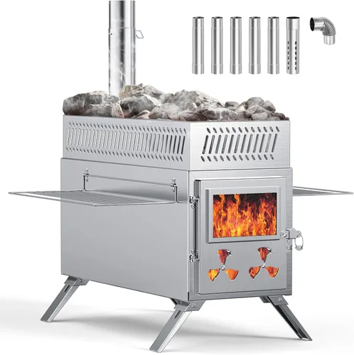 Estufa de Sauna de Leña Mejorada para Tienda Caliente, Estufa de Leña para Tienda 2 en 1 con Tubo de Chimenea para Calentamiento al Aire Libre,