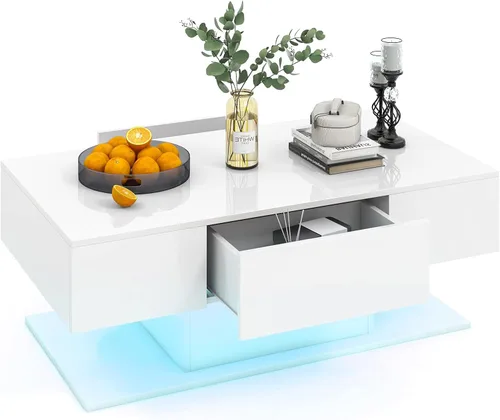 Miniatura 9 de Tangkula Mesa de centro LED con 2 cajones, mesa central moderna de alto brillo, luces LED regulables de 20 colores y control remoto, mesa auxiliar
