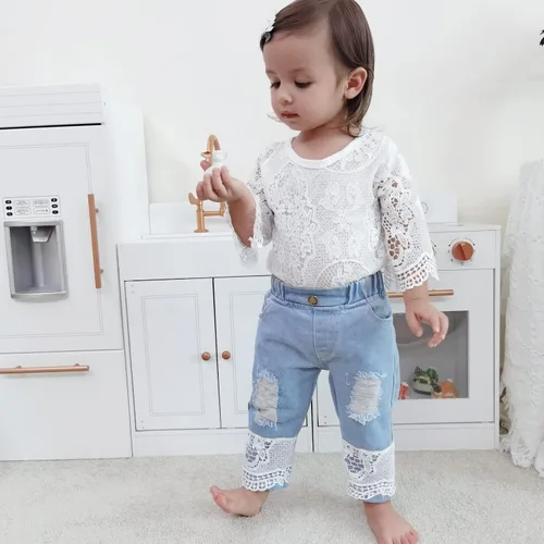 Miniatura 3 de Ropa de bebé para niña, conjunto de ropa de encaje, top+jeans