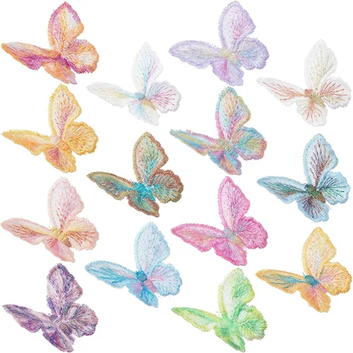 HINZIC - 14 parches de encaje de mariposa coloridas de una sola capa de organza bordados, apliques decorativos para coser para vestidos de novia,