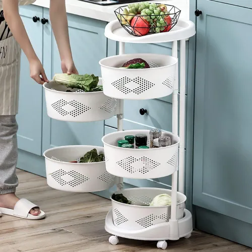 Miniatura 2 de Estante de almacenamiento giratorio de 5 niveles, estante de almacenamiento de verduras, estante de almacenamiento con ruedas bloqueables y cesta