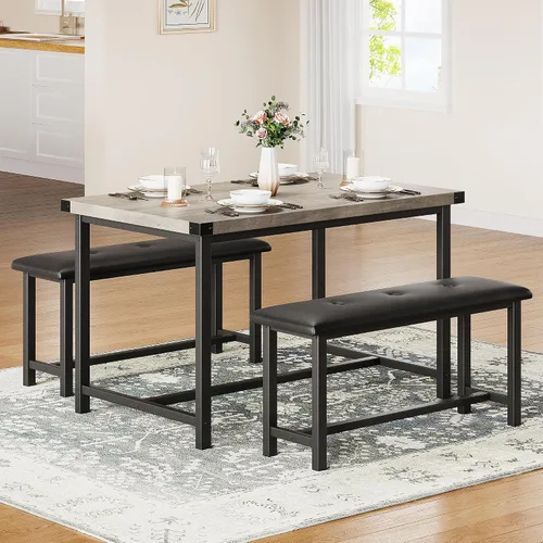 Miniatura 3 de Juego de mesa de comedor IDEALHOUSE para 4, mesa de cocina con banco tapizado, juego de mesa de comedor rectangular de 3 piezas con 2 bancos