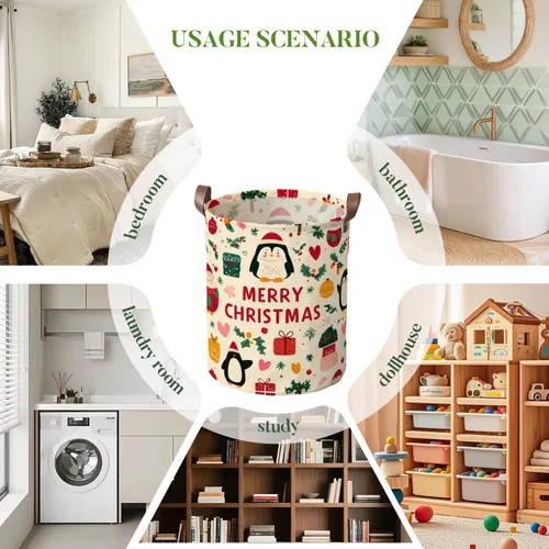 Miniatura 8 de Cesta de lavandería de 15.75 x 15.75 x 19.7 pulgadas, diseño de pingüino de Navidad, plegable, con asas, almacenamiento de ropa sucia