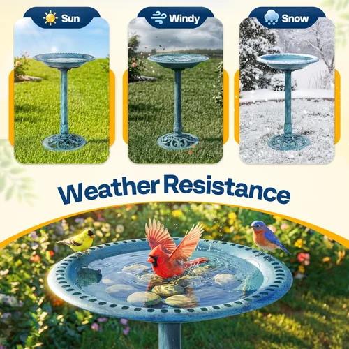 Miniatura 4 de VIVOHOME baño para pájaros, de polirresina, de 28 pulgadas de alto, antiguo, para exteriores, para el jardín, con base con flores, azul