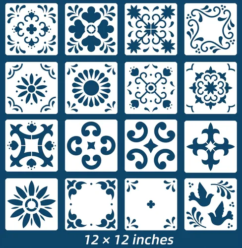 Paquete de 16 plantillas de azulejos (12 x 12 pulgadas), patrón de plantillas mexicanas, uso como plantillas de piso o plantillas de pared,
