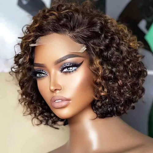 Miniatura 16 de Pelucas cortas de cabello humano rizado estilo Bob con reflejos, pelucas de encaje frontal HD de 13 x 4, pelucas de cabello brasileño con corte