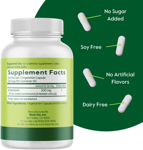 Miniatura 3 de BESTVITE Artemisinina 200mg por cápsula (60 cápsulas vegetarianas) - Sin estearatos - Sin agentes de flujo - Vegano - Sin OMG - Sin gluten