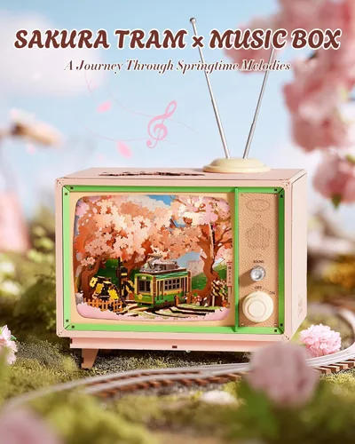 Miniatura 3 de ROBOTIME Rompecabezas de madera 3D para adultos, kits de casa en miniatura para bricolaje, caja de música para la familia, árbol de cerezo japonés