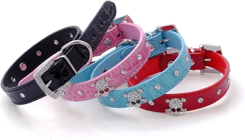 Miniatura 2 de Collar de piel con diamantes de imitación de cráneo y diamantes de imitación de piel para mascotas pequeñas para perros y gatos (XS, negro)