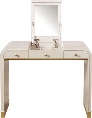 Miniatura 7 de RuiSiSi Escritorio de maquillaje de madera con espejo abatible, tocador con 2 cajones y espacio de almacenamiento, tocador de maquillaje 3 en 1
