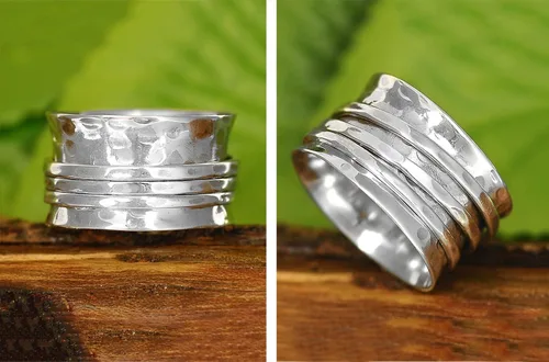 Miniatura 6 de Boho-Magic Anillo giratorio de plata de ley 925 para mujer, 3 anillos antiansiedad, banda ancha martillada