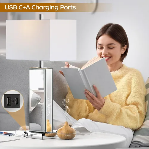 Miniatura 3 de Juego de 2 lámparas de mesa modernas con control táctil, lámpara de mesita de noche con espejo de diamante de cristal de plata con puertos USB C+A