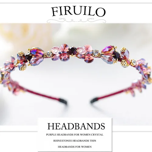 Miniatura 2 de Diademas barrocos de diamantes de imitación púrpura fina banda para el cabello con cuentas de cristal brillante para mujer (morado)