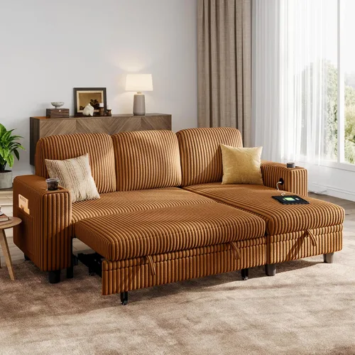 Miniatura 24 de LINSY HOME Sofá cama modular extraíble para sala de estar (beige, sofá cama 1) Sofá cama extraíble, almacenamiento, carga USB, portavasos, pana