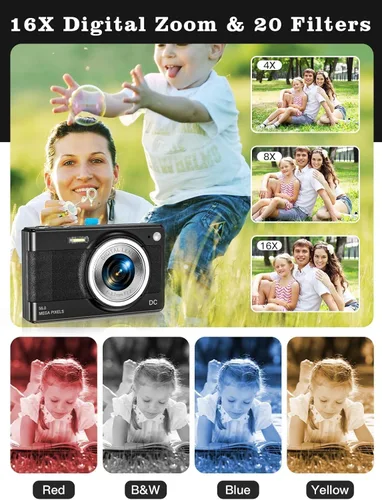 Miniatura 3 de Cámara digital mejorada, 56MP FHD 1080P para niños con zoom 16x anti-sacudida, tarjeta TF de 32GB, dos baterías, cordón, compacta pequeña para niños