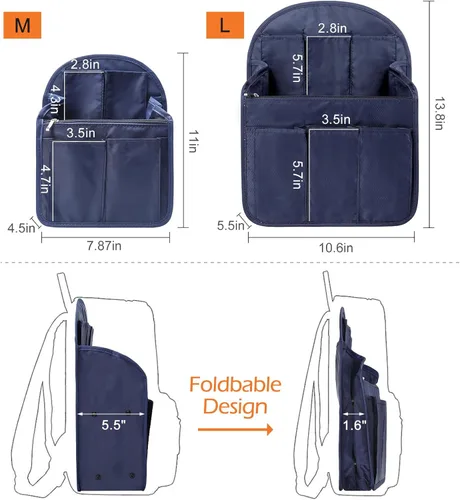 Miniatura 4 de Surblue Organizador de Mochila con Forro y Bolsillo Colgante para Viaje, Organizador de Bolso y Bandolera con Divisores de Alta Capacidad, Plegable
